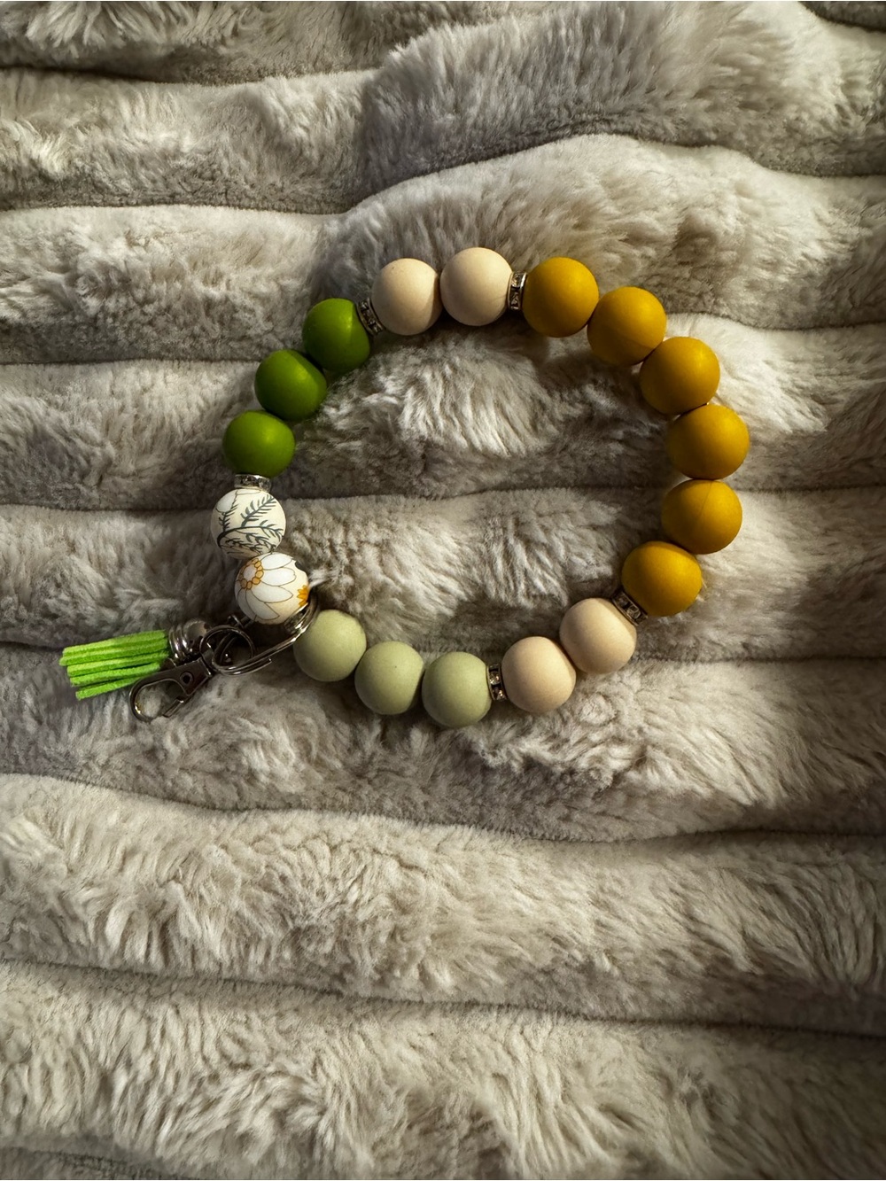 Beaded Wristlet Key & Card Holder in Mustard, Lime & Cream